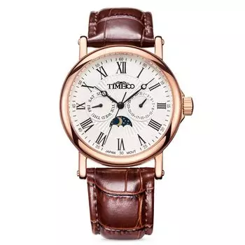 Часы Time100 Дата День недели Дисплей Дисплей Японский механизм Часы для офисных работников Взрослые Коричневый кожаный ремень Розовое золото День/Ночь Мужские Мужские