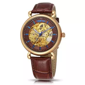 Часы TIME100, механические, водонепроницаемые, наручные, скелетонированные, деловые, легко читаемые, аналоговые, стильные, мужские, желтые