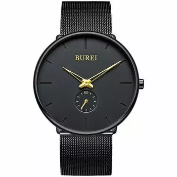 Часы Timeless Quartz Casual Net Watch F [BUREI] Мужские часы, черные, простые, стильные, популярные, часы, мужской бренд, водонепроницаемые, черные, часы, ремень, мужские