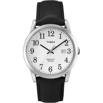 Часы Timex Easy Reader с кожаным ремешком 38 мм, стандартные мужские, черного/серебристого/белого цвета.