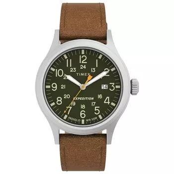 Часы Timex Expedition Scout 40 мм, серебристый корпус и зеленый циферблат, коричневая кожа, размер 40 (Таймекс) Мужской ремешок,