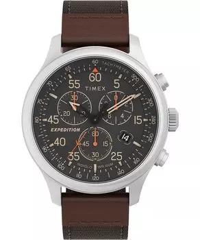 Часы Timex Men s Expedition Field 43 мм - Коричневый ремешок, Черный циферблат, Корпус цвета оружейной стали, Коричневый/Черный/Серебристый оттенок. , Экспедиционный полевой хронометр 43 мм.
