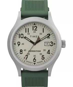 Часы Timex Men s Expedition Scout 40 мм — черный корпус и циферблат с ремешком из оливковой кожи, зеленый/натуральный/IP сталь. , поле.