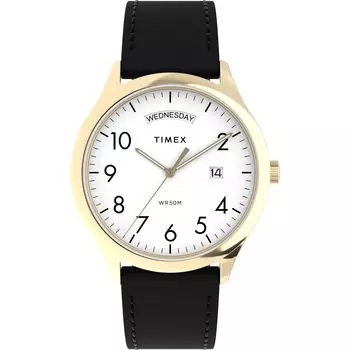 Часы Timex Men s Modern EasyReader 40 мм — черный ремешок, белый циферблат, корпус золотистого тона, черные, стильные.