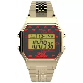 Часы Timex T80 x Space Invaders 34 мм с кварцевым ремешком из нержавеющей стали Gold 18 Casual (модель:TW2V30100YB)