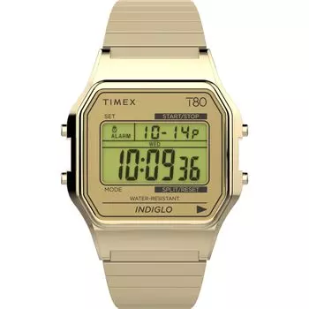 Часы Timex Uni T80 34 мм - Золотистый удлиненный ремешок, цифровой циферблат, Золотистый корпус, Золото