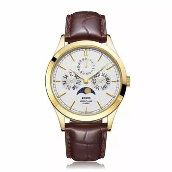 Часы ZEROO CLASSIC с фазой Луны, кварцевые часы с сапфировым стеклом ZC001GWH, цвет желтый [ZERO] мужские [подлинный продукт] (Белый/Корпус Золотой) белый