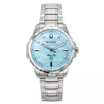 Часы женские Bulova Marine Star Diamond Accents из нержавеющей стали с голубым перламутровым циферблатом, кварцевые 96P248 100