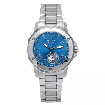 Часы женские Bulova Marine Star из нержавеющей стали с открытым сердцем и синим циферблатом, автоматические, 98L317, 100 м синий