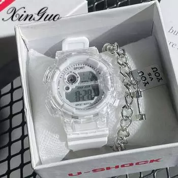 Часы женские модели Студенческая вечеринка Учащиеся младших классов средней школы Ледник Белая девушка Ins Высокое цветовое значение Спортивные электронные часы белый