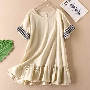 Cheap and Fine Artsy Cotton and Linen Dress Women s Amoi Ruffles Loose Straight-leg Short Sleeve Linen Dress D693 Khakis All yards