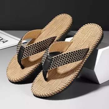 Cheap Summer Linen Slipper Men Indoor Home Shoes Lightweight Weaving Flip flops Men Bedroom Shoes Silent Casual Flip-flops Man 39