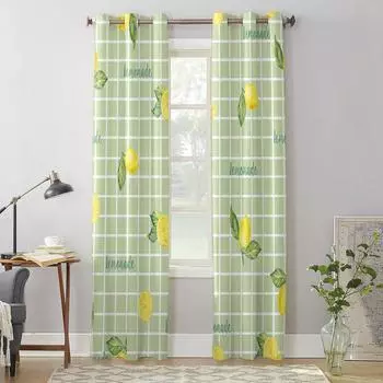 Checkered Letters Lemon Leaves Window Curtain Living Room Luxury Valance Curtain for Bedroom Home Kitchen Decor Curtain 135W x 60H(cm) x1