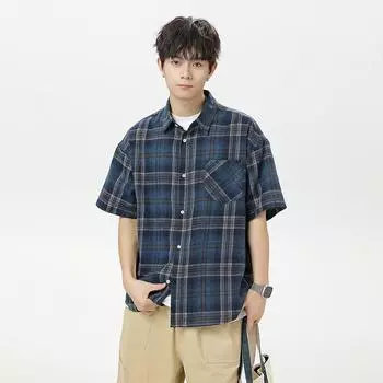 Checkered Shirt Men s Summer Loose Casual Short Sleeved Shirt Retro Men s Half Sleeved Shirt XXXL синий