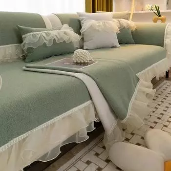 Чехлы для диванов из синели с жемчугом и кружевными краями, универсальная подушка для дивана на четыре сезона, французский ретро чехол для дивана, противоскользящий однотонный коврик для дивана 70x70cm 1pcs