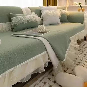 Чехлы для диванов из синели с жемчугом и кружевными краями, универсальная подушка для дивана на четыре сезона, французский ретро чехол для дивана, противоскользящий однотонный коврик для дивана 70x70