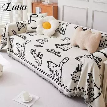 Чехлы для диванов с рисунком кошек в стиле граффити для гостиной, мультяшные полотенца с кисточками, чехлы для диванов с защитой от царапин от кошек 130x180cm зелёный