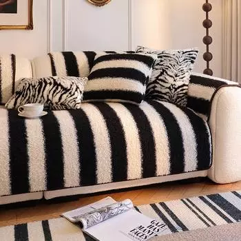 Чехлы для диванов в полоску из искусственной овечьей шерсти для гостиной, чехлы для подушек и диванов, роскошный мягкий чехол 70x70cm чёрный