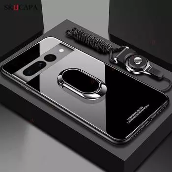 Чехлы для Google Pixel 7 Pro, мягкий силиконовый чехол из закаленного стекла для Google Pixel 6 7 Pro 5A 5 5XL, шейный ремешок, ремешок, магнитное кольцо, держатель-подставка, чехол For Pixel 5 чёрный
