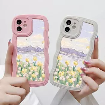 Чехлы для мобильных телефонов iPhone 11 13 XR 15 Pro Max 12 14 Pro Max Чехол для iPhone 16 7 Plus 8 Plus XS Max Big Wave Solid Color Cartoon Anti-Drop Водонепроницаемый iPhone 7&8 белый