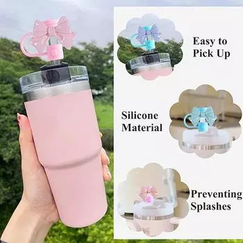 Чехлы для соломы с бантом, портативный чехол с наконечниками для соломинок с бантом, многоразовый милый защитный чехол для соломинки, топпер для аксессуаров для чашек розовый