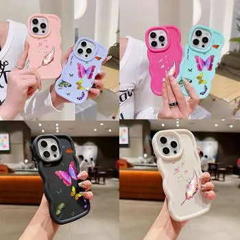 Чехлы для телефонов N76 Butterfly Macaron Wavy Edge для iPhone 16 Pro Max Samsung S24 Plus S23 Ultra A35 A54 A55 Xiaomi Redmi Note 13, противоударный чехол for iPhone 16 Plus