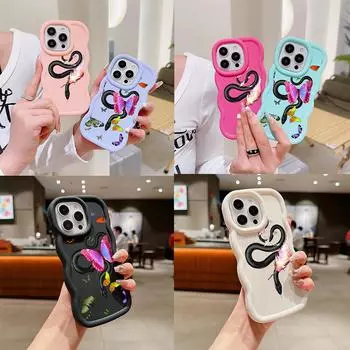 Чехлы для телефонов N77 butterfly Black Gold Snake Macaron Wavy Edge для iPhone 16 Pro Max Samsung S24 Plus S23 Ultra A35 A55 Redmi Note 13, противоударный чехол for iPhone 16 Plus