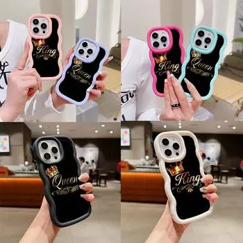 Чехлы для телефонов N84 King Queen Couples Macaron Wavy Edge для iPhone 16 Pro Max Samsung S24 Plus S23 Ultra A35 A55 Xiaomi Redmi Note 13 Противоударный чехол for iPhone 16 Plus
