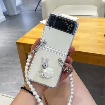 Чехлы для телефонов со стразами и кроликом для Samsung Galaxy Zflip 3 5g, модные нишевые чехлы с жемчужной цепочкой для Galaxy Zflip Z Flip 4, чехол For Galaxy ZFlip 3