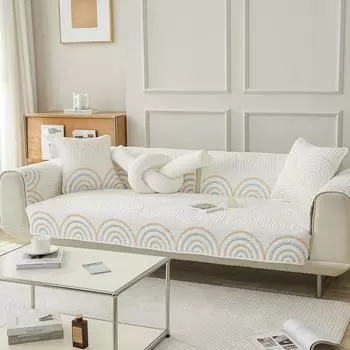 Чехлы на диван с вышивкой в виде радуги, хлопковый нескользящий коврик для дивана, зимние теплые чехлы для дивана для гостиной, однотонное мягкое полотенце для дивана 70x70