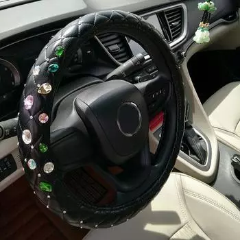 Чехлы на руль автомобиля с бриллиантами и стразами, кожаные чехлы на руль с вышитыми вручную цветами для девочек, автомобиль чёрный