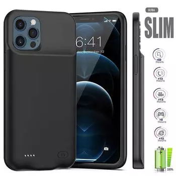 Чехол-аккумулятор для iPhone 12 13 14 Pro Max Xs Max Перезаряжаемый портативный зарядный чехол для iPhone 11 Xs 6 7 8 Plus Расширенный аккумулятор Защитный чехол for iphone 14 чёрный