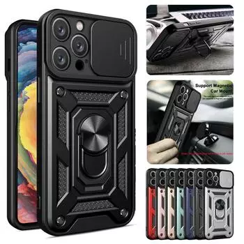 Чехол Armor для iPhone 15 Pro Max 14 Plus 13 12 Mini 11 X XS Max XR SE 7 8 Plus Чехол-кольцо с магнитной подставкой-держателем Business Full Protection Cover For iPhone 13 серебряный