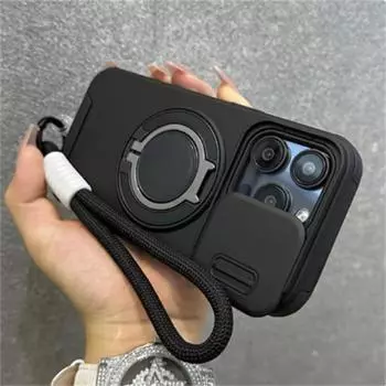 Чехол Armor Magnetic Bracket для iPhone 16 14 13 12 11 15 Pro Max Plus с защитой камеры на шнурке и выдвижным чехлом, противоударный чехол iPhone 16 Pro Max чёрный
