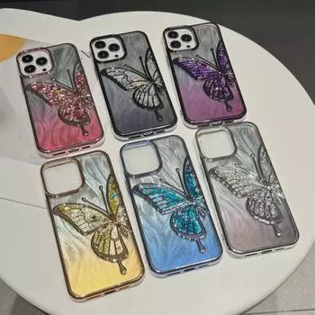 Чехол-бабочка с гальваническим покрытием для iPhone 13/14/15 Pro Max и 12 Apple с картой Feather Yarn iPhone 16 Pro Max серебряный/мерцание