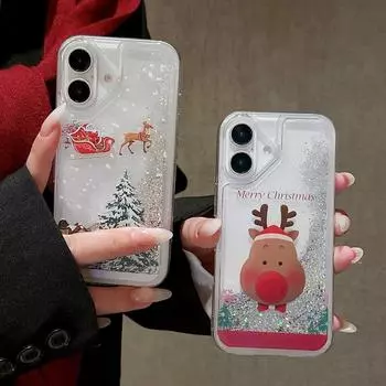 Чехол Bling Christmas для iPhone 16 Pro 15 Plus 14 13 12 Pro Max с блестками, рождественской елкой, санями Санта-Клауса, оленем, TPU, мягким зыбучим песком, шелковым чехлом iPhone 16