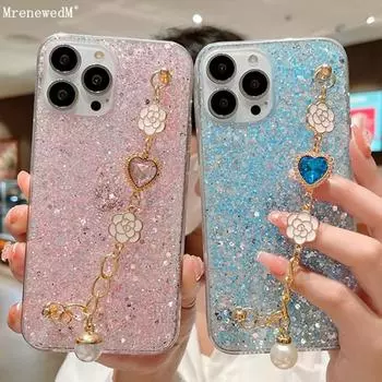 Чехол-браслет с блестками и бриллиантами для iPhone 14 11 12 Pro 13 XR XS Max 7 8 Plus SE/Samsung S22 S21 S20 A12 A22 A32 A52 A13 A23 A53/Redmi 9 9A 9C 9T For iPhone 14 Plus белый