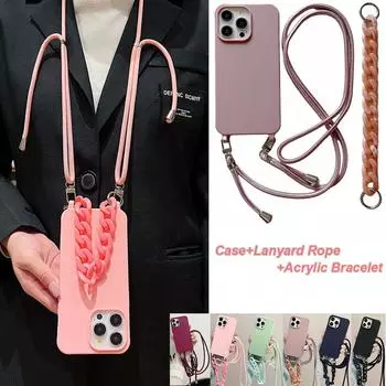 Чехол-цепочка из акрила и силикона с ремешком через плечо для iPhone 16 15 14 13 12 11 Pro X XR Max 7 8 Plus Samsung S24 23 S22 S21 Ultra Plus A54 A14 A53 iPhone 6/6S чёрный