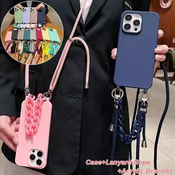 Чехол-цепочка из акрила и силикона с ремешком через плечо для iPhone 16 15 14 13 12 11 Pro X XR Max 7 8 Plus Samsung S24 23 S22 S21 Ultra Plus A54 A14 A53 iPhone 6/6S чёрный