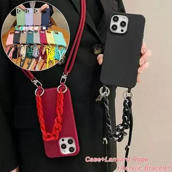 Чехол-цепочка из акрила и силикона с ремешком через плечо для iPhone 16 15 14 13 12 11 Pro X XR Max 7 8 Plus Samsung S24 23 S22 S21 Ultra Plus A54 A14 A53 iPhone 6/6S чёрный