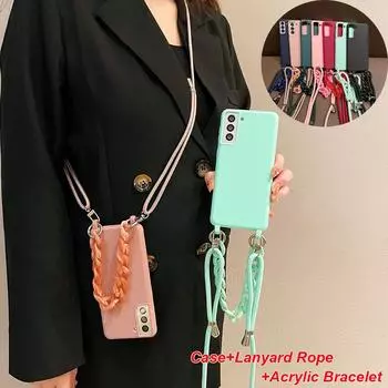 Чехол-цепочка из акрила и силикона с ремешком через плечо для Samsung S24 23 S22 S21 Ultra Plus FE A54 A14 A53 iPhone 16 15 14 13 12 11 Pro X XR Max 7+ 8+ iPhone 6/6S чёрный