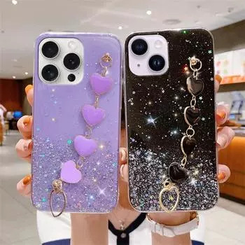 Чехол-цепочка Love Heart с блестками для iPhone 15 11 12 13 14 Pro Max Mini 7 8 Plus X Xr Xs 15pro 14plus, силиконовый чехол-браслет For iPhone 15