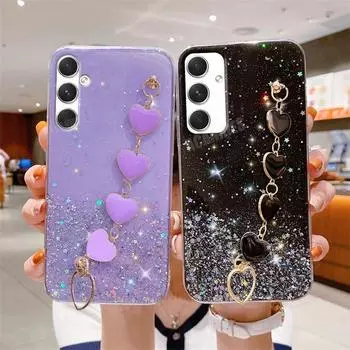 Чехол-цепочка с блестками для Samsung Galaxy A15, 25, 35, 55, Love Heart, для Samsung Galaxy A15, A25, A35, A55, A14, M14, M54, M15, силиконовый чехол-браслет S24 A15 5G