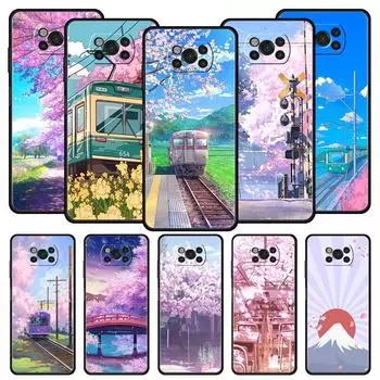 Чехол Cherry Japanese Traint Moun Fuji для телефона Xiaomi Poco X5 Pro для Poco X4 X3 NFC F5 F4 F3 GT M5 M4 5G M3 C51 C50 C55 Poco X4 GT