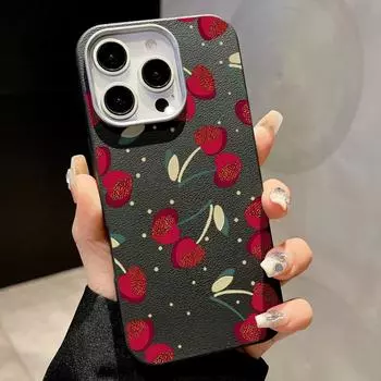 Чехол Cherry Print Slim Matte для Magsafe для iPhone 16 Pro Max 15 14 Pro 13 12 11 TPU Leather Texture противоударный мягкий магнитный чехол для телефона iPhone 16 чёрный