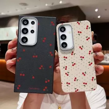 Чехол Cherry Wave Point Print Soft для телефона Samsung S25 Ultra S24 FE S23 S22 A16 A56 A55 A36 A15 A26 TPU Matte Leather Texture противоударный тонкий чехол Samsung S25 красный/чёрный