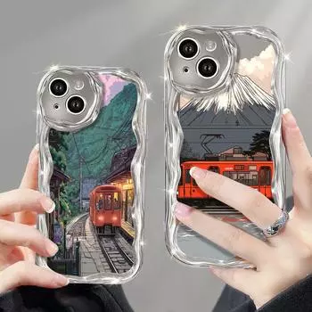 Чехол Curvy Wave с серебряным покрытием для iPhone 16 Pro 15 14 13 Pro Max 12 11 с рисунком мультяшного поезда, мягкая задняя крышка из ТПУ с гальваническим покрытием iPhone 16 Pro Max