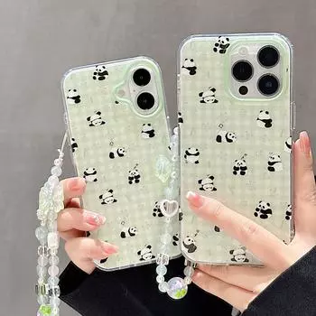 Чехол Cute Panda для iPhone 16, блестящий браслет-цепочка, прозрачный, эстетичный, стильный, мягкий, прочный, симпатичный, защитный чехол из ТПУ для iPhone 13, 14, 15, 16 Pro Max iPhone 16 Pro Max