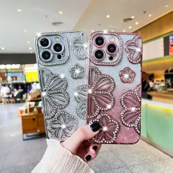 Чехол-цветок с прозрачным покрытием и градиентным блеском и стразами для iPhone 16 15 Pro Max 14 13 12 11 X XS, мягкий силиконовый противоударный чехол For iPhone 16Pro Max чёрный