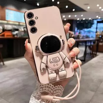 Чехол-держатель Astronaut с гальваническим покрытием для Samsung A56 A26 A36 A16 A06, противоударный мягкий чехол-подставка из ТПУ для Galaxy A12 A13 A14 A15 M55 A22 A32 A35 A54 For Samsung A36 5G чёрный